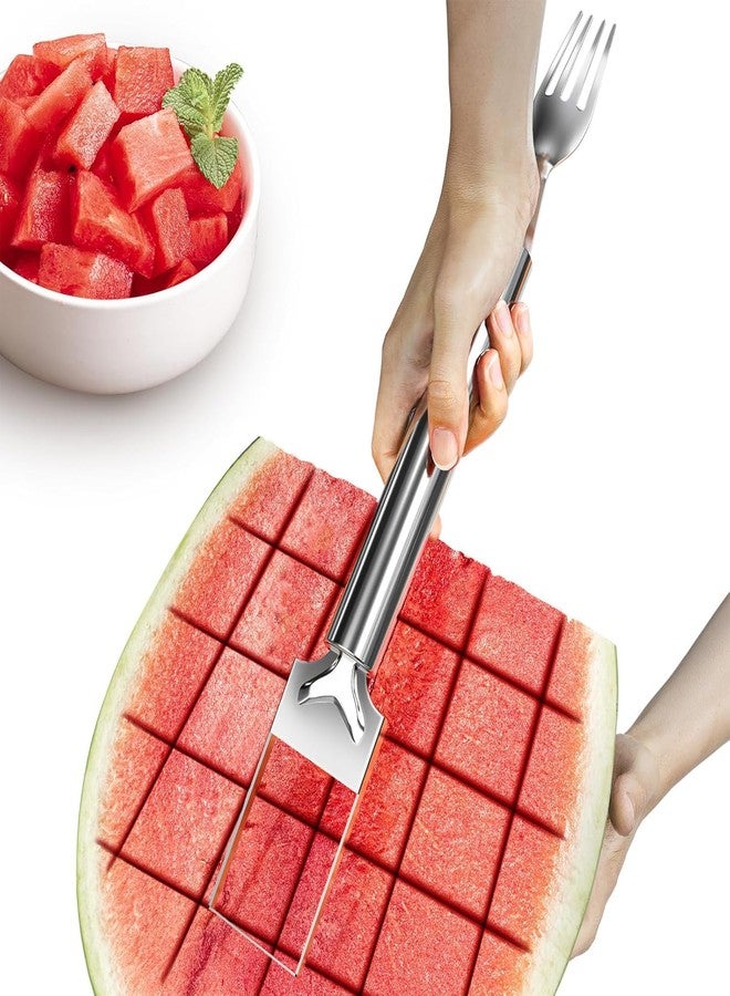 Riviox Watermelon Slicer & Fork Combo - Stainless Steel 2-in-1 Tool for Cutting, Carving, and Serving Fresh Fruit at Home, Parties, and Campsites - Image 1
